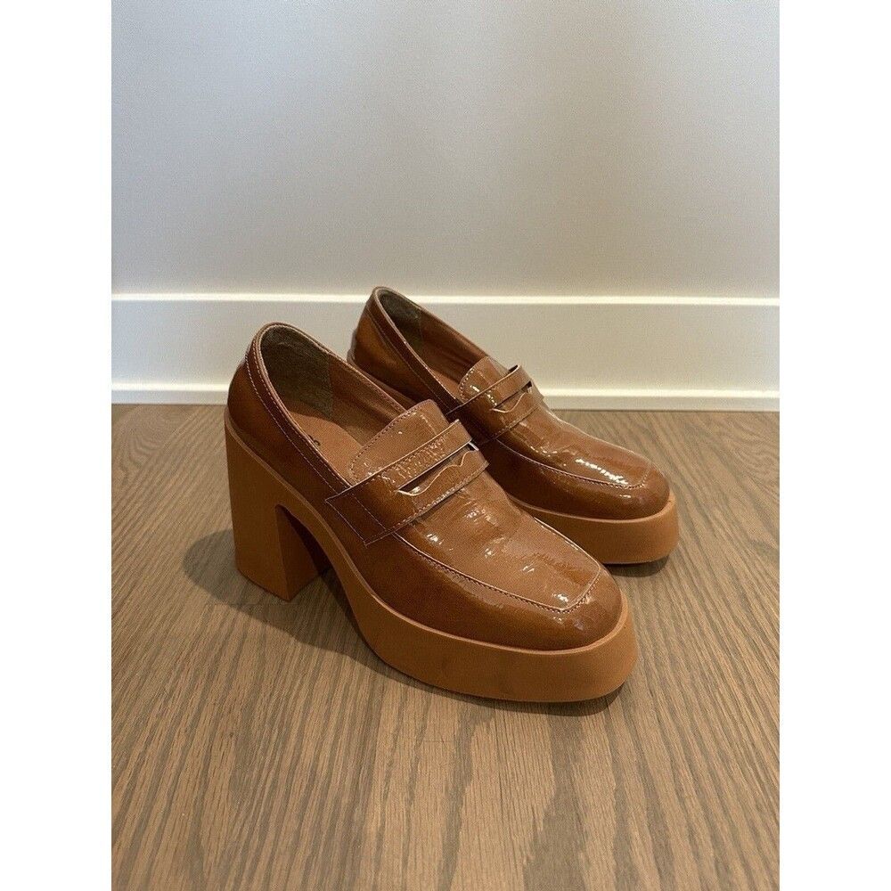Y2K Chunky Platform Loafer Heels Brown Patent Academia Women’s Size 9